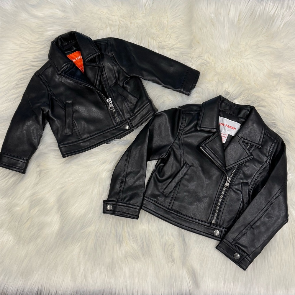 Super Cute set of 2 Joe Fresh, Black Faux Leather Jackets, size 3-6m and 18/24m